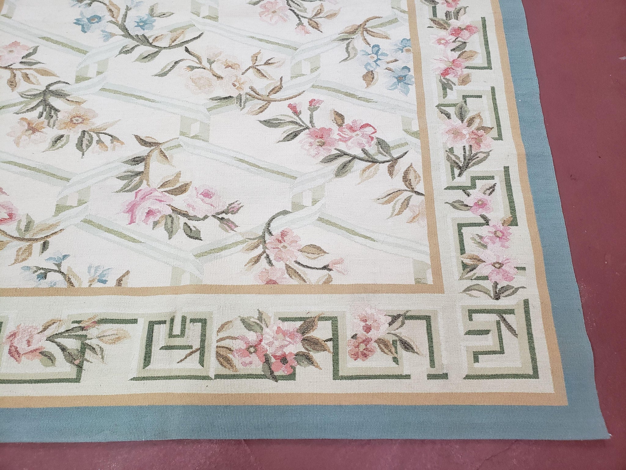 Vintage Aubusson Area Rug, Aubusson Flat weave Carpet, Floral Geometric Pattern, Beige Teal Green, 4x6 Rug, European Design by Jewel Rugs