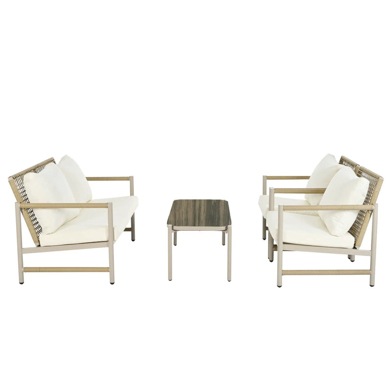4 Pieces Patio Furniture Set, PE Rattan Wicker With Washable Cushion And Tempered Glass Tabletop, Conversation Furniture For Garden Poolside Balcony by HouseOfZazla