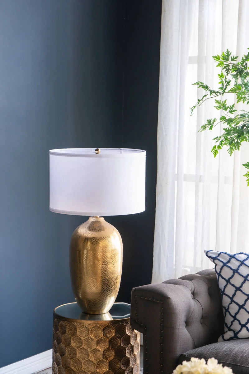 D15x25.7' Round Aluminum Sheet Gold Table Lamp with White Fabric Shade by HouseOfZazla