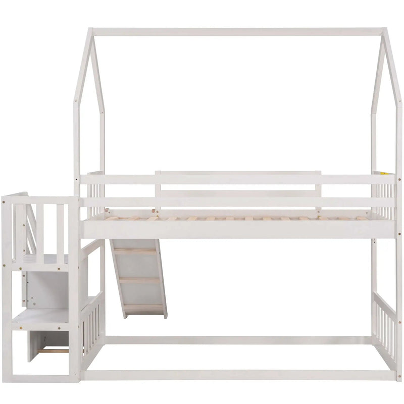 Twin Over Twin House Bunk Bed With Convertible Slide, Storage Staircase by HouseOfZazla
