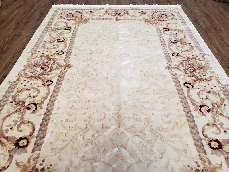 Vintage Ivory Chinese Aubusson Area Rug 6x9, Wool & Silk, Hand-Knotted 120 Line Fine Rug, European Design Carpet, 6 x 9 Master Signature Rug by Jewel Rugs