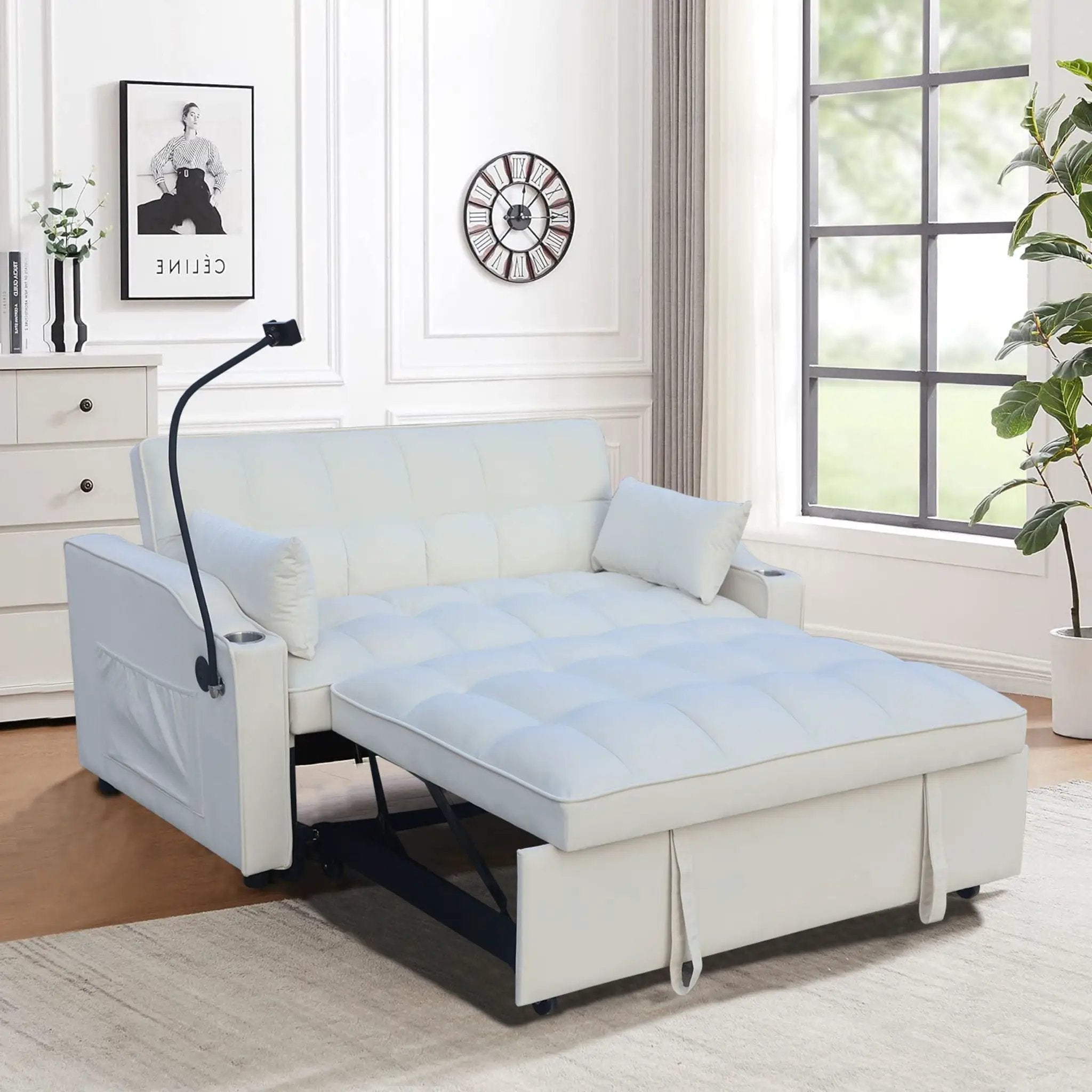 Modern Loveseat Futon Sofa With Pullout Bed, Adjustable Reclining Backrest, Toss Pillows by Unique Piece Furniture