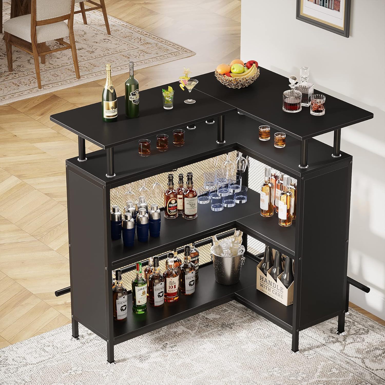 L Shaped Home Mini Bar Table With 2 Tier Shelves & Glass Racks - Black by HouseOfZazla