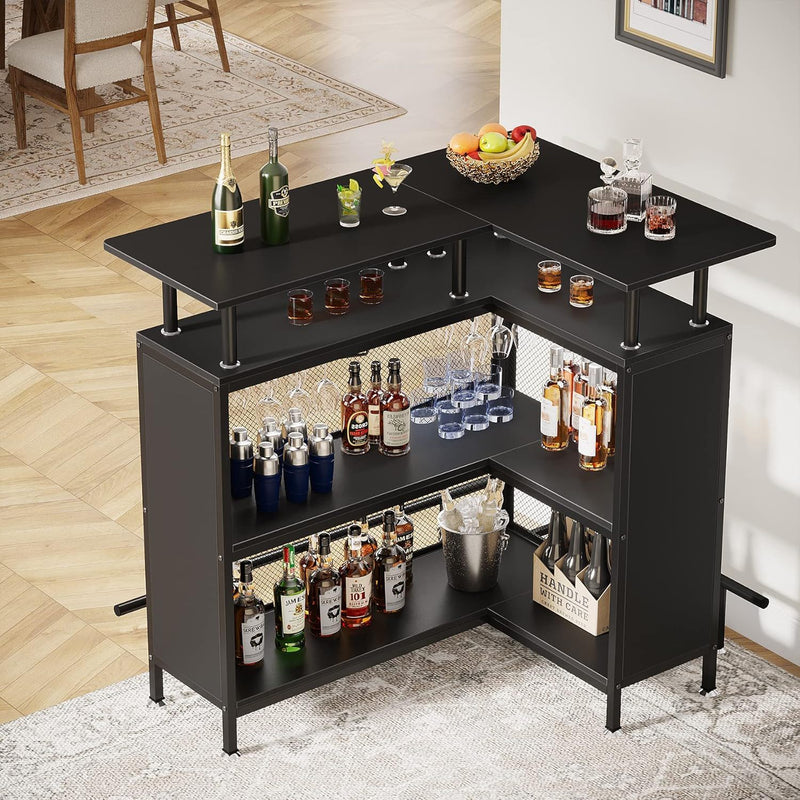 L Shaped Home Mini Bar Table With 2 Tier Shelves & Glass Racks - Black by HouseOfZazla
