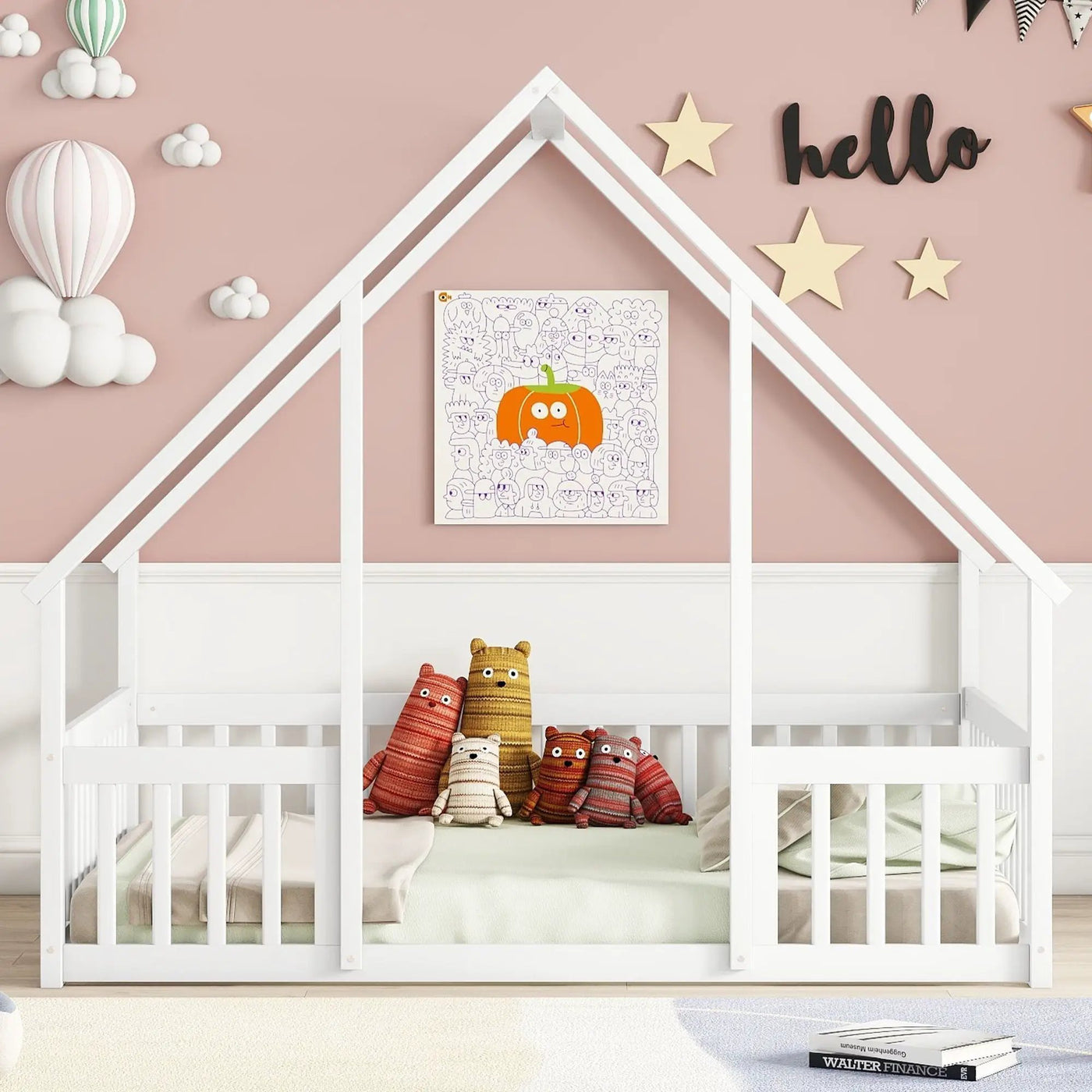 Wood House-Shaped Floor Bed With Fence, Guardrails by HouseOfZazla