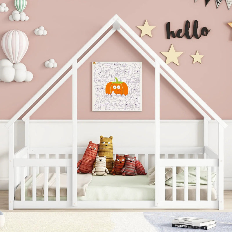 Wood House-Shaped Floor Bed With Fence, Guardrails by Unique Piece Furniture