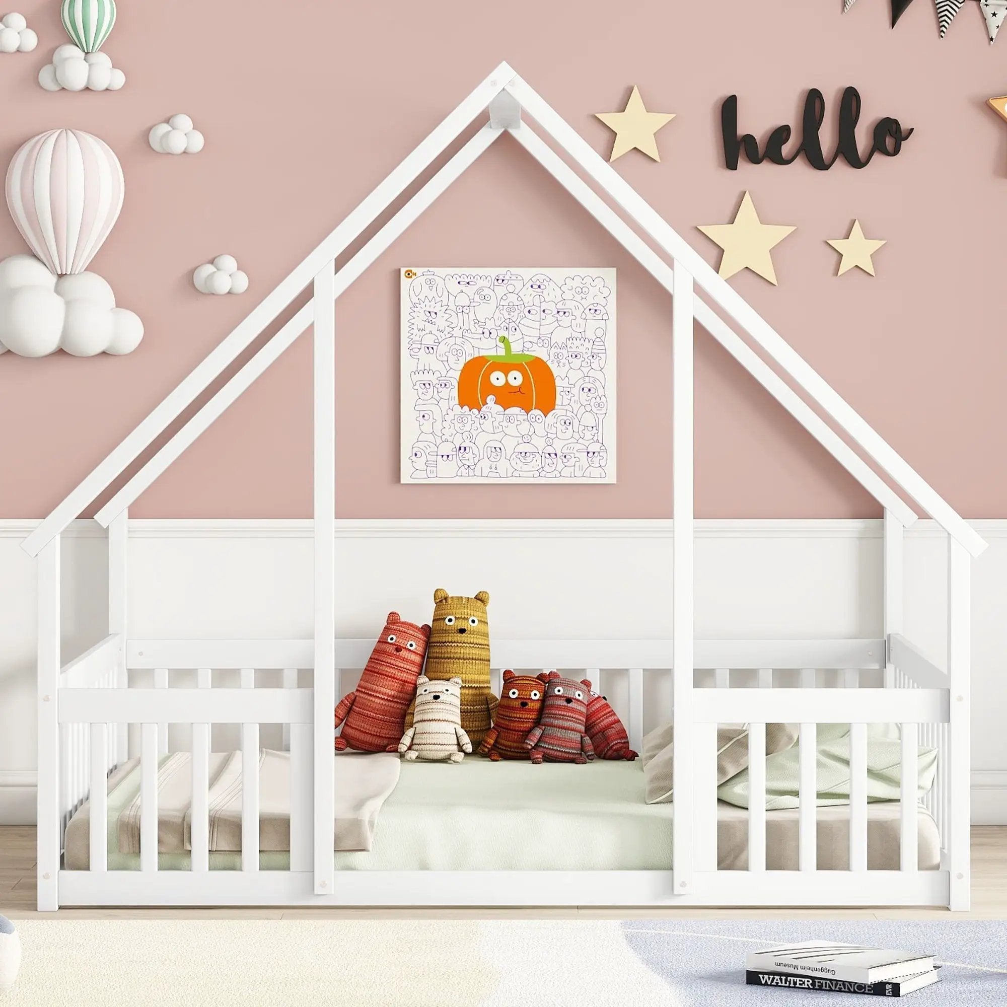 Wood House-Shaped Floor Bed With Fence, Guardrails by Unique Piece Furniture