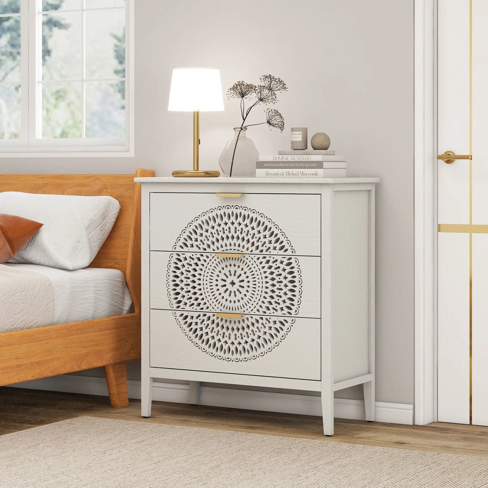 3 Drawer Cabinet With Hollow Carved 3 Drawer Dresser Storage Chest With Metal Handles For Entryway Living Room Bedroom - Beige by HouseOfZazla