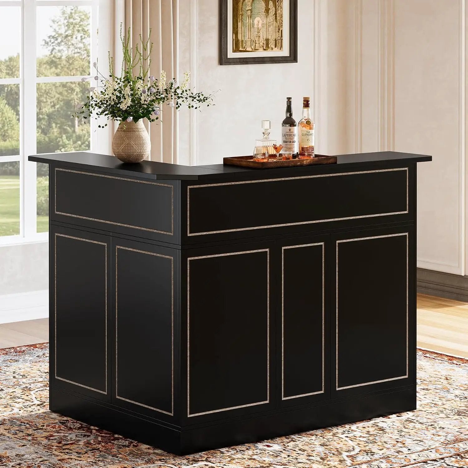L-Shaped Home Bar Cabinet With Stemware Racks, 4 Tier Corner Unit, Liquor Wine Bar Table & Reception Desk For Home Pub - Black by HouseOfZazla