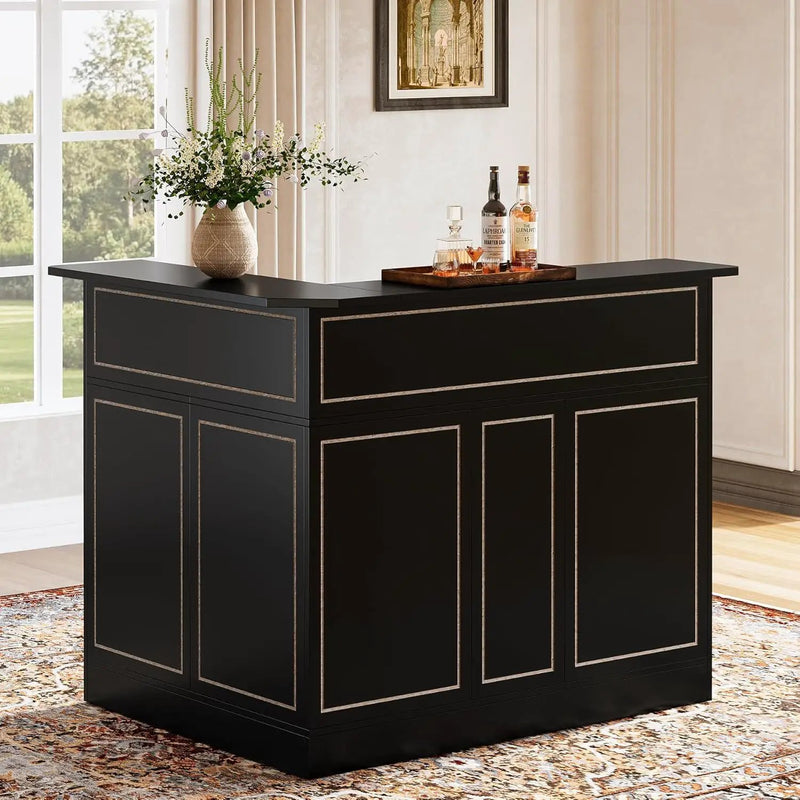 L-Shaped Home Bar Cabinet With Stemware Racks, 4 Tier Corner Unit, Liquor Wine Bar Table & Reception Desk For Home Pub - Black by HouseOfZazla