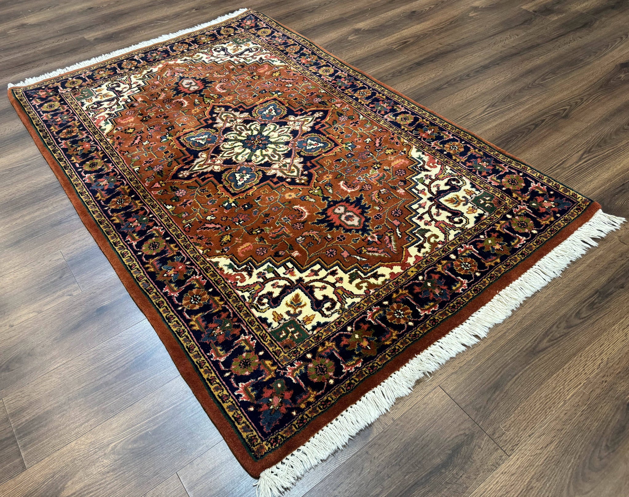 Indo Persian Heriz Rug 4x6, Rust Red Navy Blue and Cream by Jewel Rugs