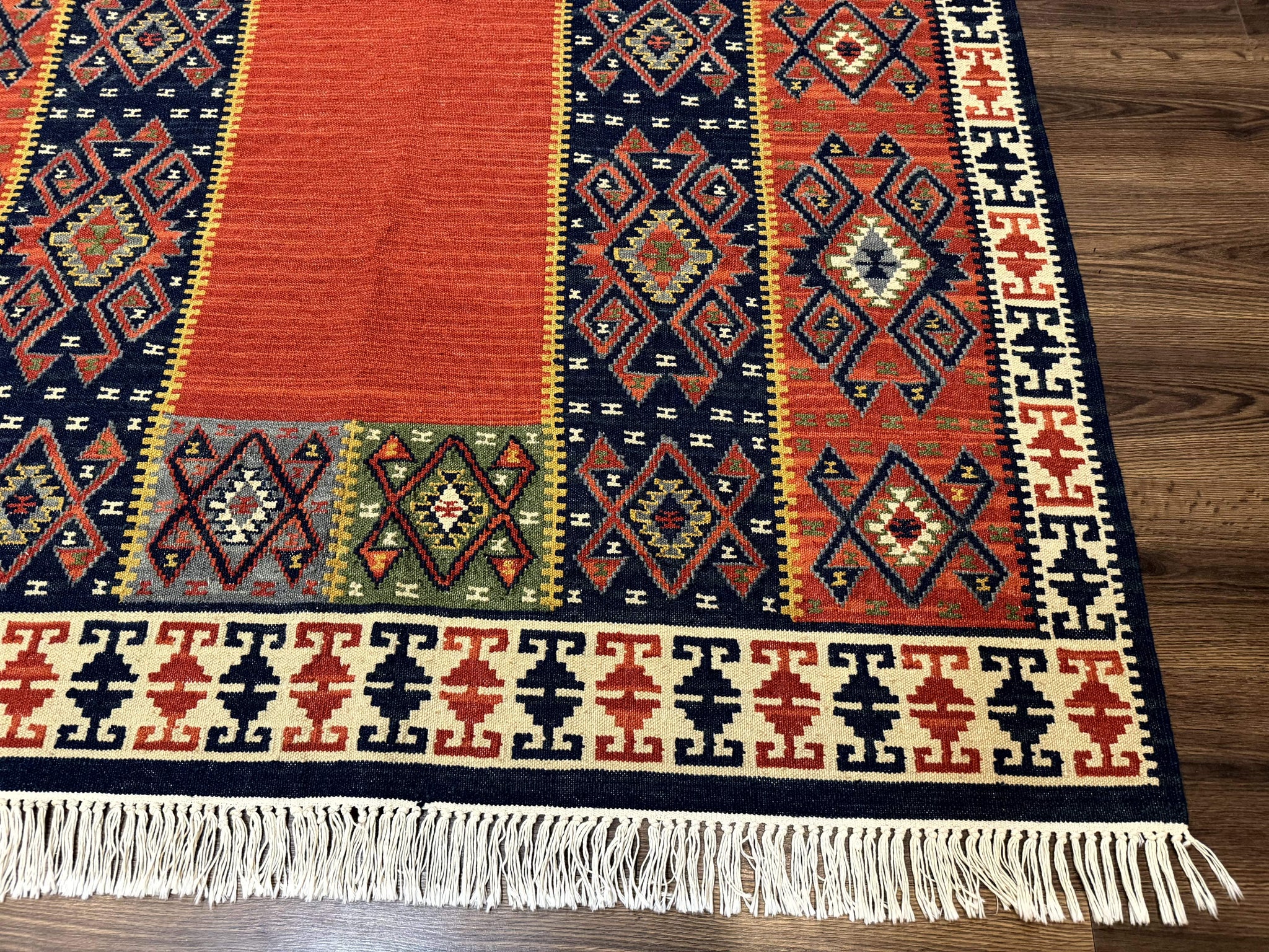 Turkish Kilim Rug 5x8, Flatweave Carpet, Handmade Bohemian Rug, Terracotta and Navy Blue by Jewel Rugs