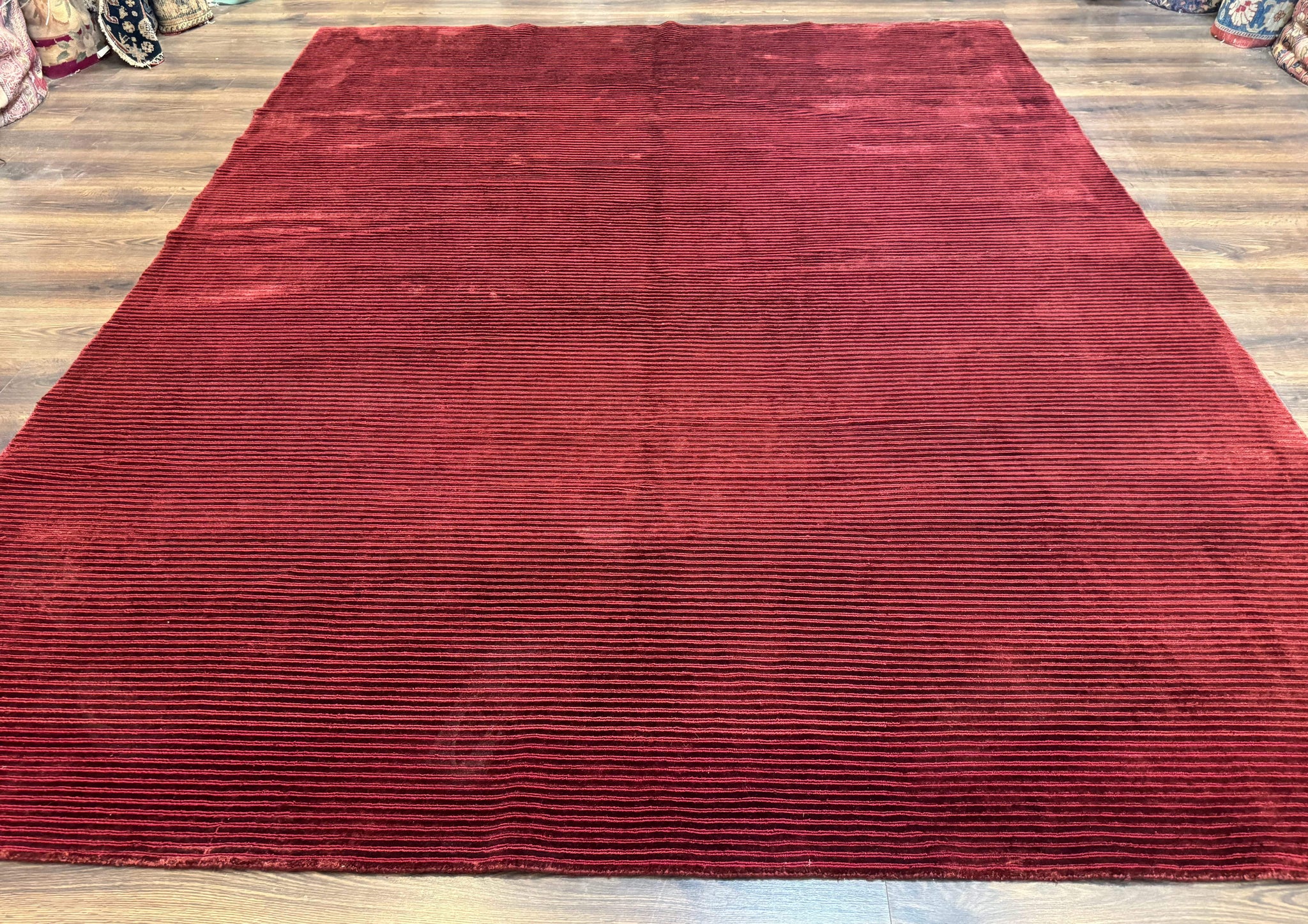 Modern Tibetan Rug 8x10, Red, Stripes, Handmade Wool Thick Pile Carpet by Jewel Rugs