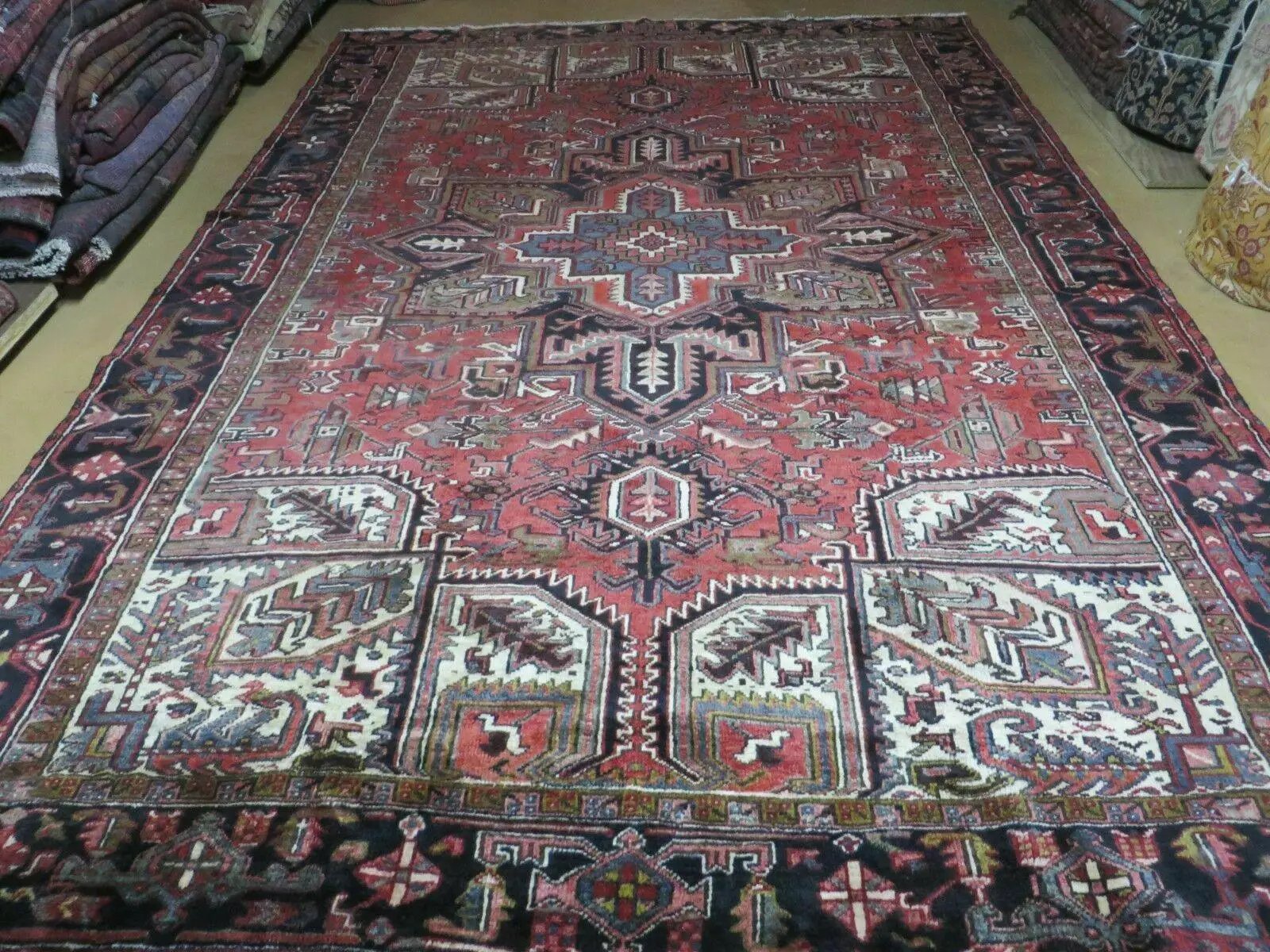 Persian Heriz Rug 8x12 Semi Antique Heriz Carpet, Room Sized Persian Carpet, Geometric Medallion, Wool, Hand Knotted, Red Ivory Dark Blue by Jewel Rugs
