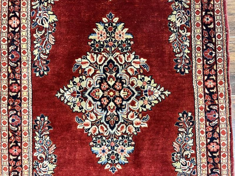 Persian Sarouk Runner Rug 2.7 x 6, Semi Open Field, Red, Handmade Hand Knotted, Wool Oriental Carpet, Vintage Semi Antique by Jewel Rugs