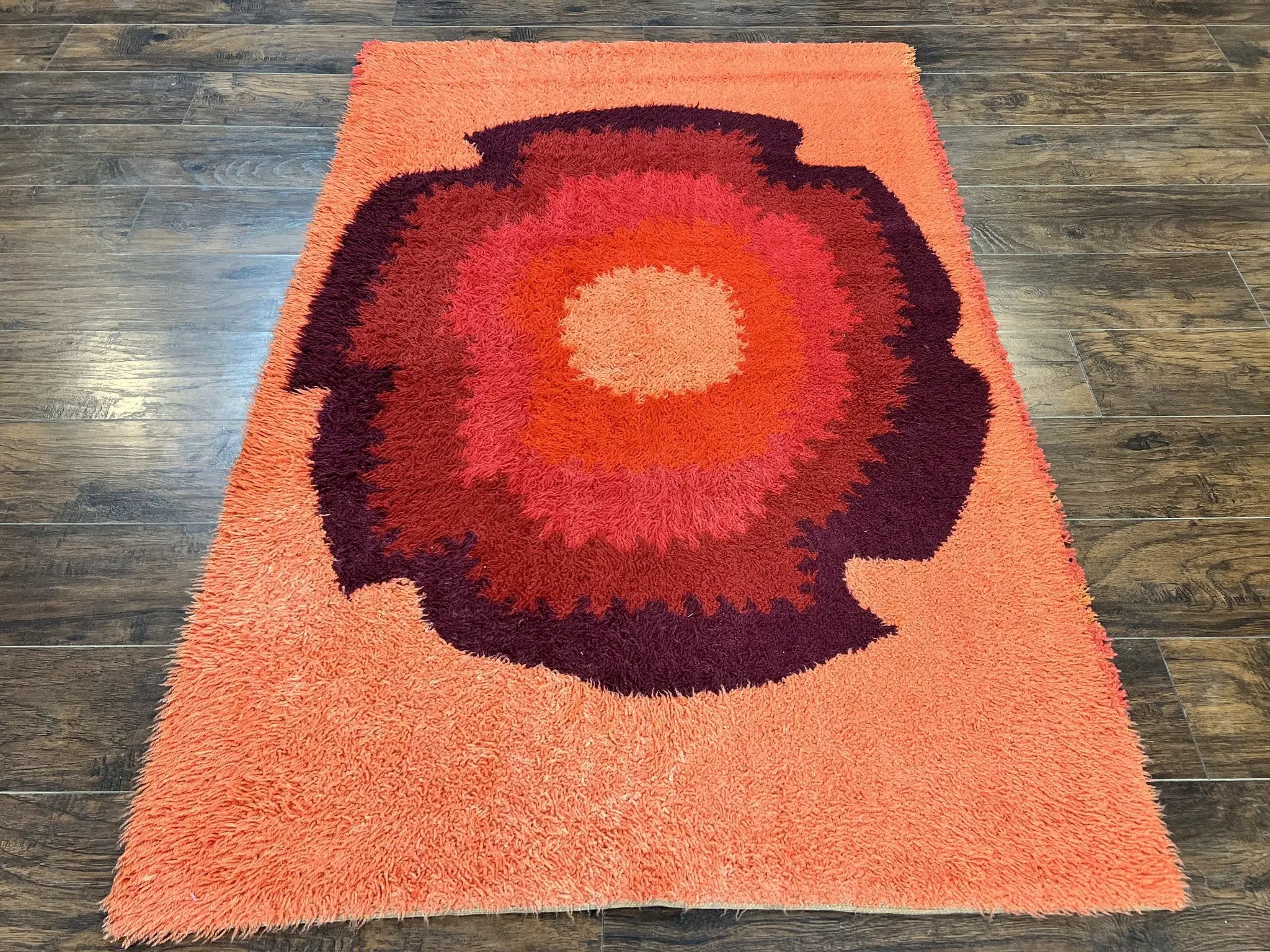 Danish Rya Shag Rug 4x6, Mid Century 1960s Retro Vintage Wool Rug, Shades of Red by Jewel Rugs