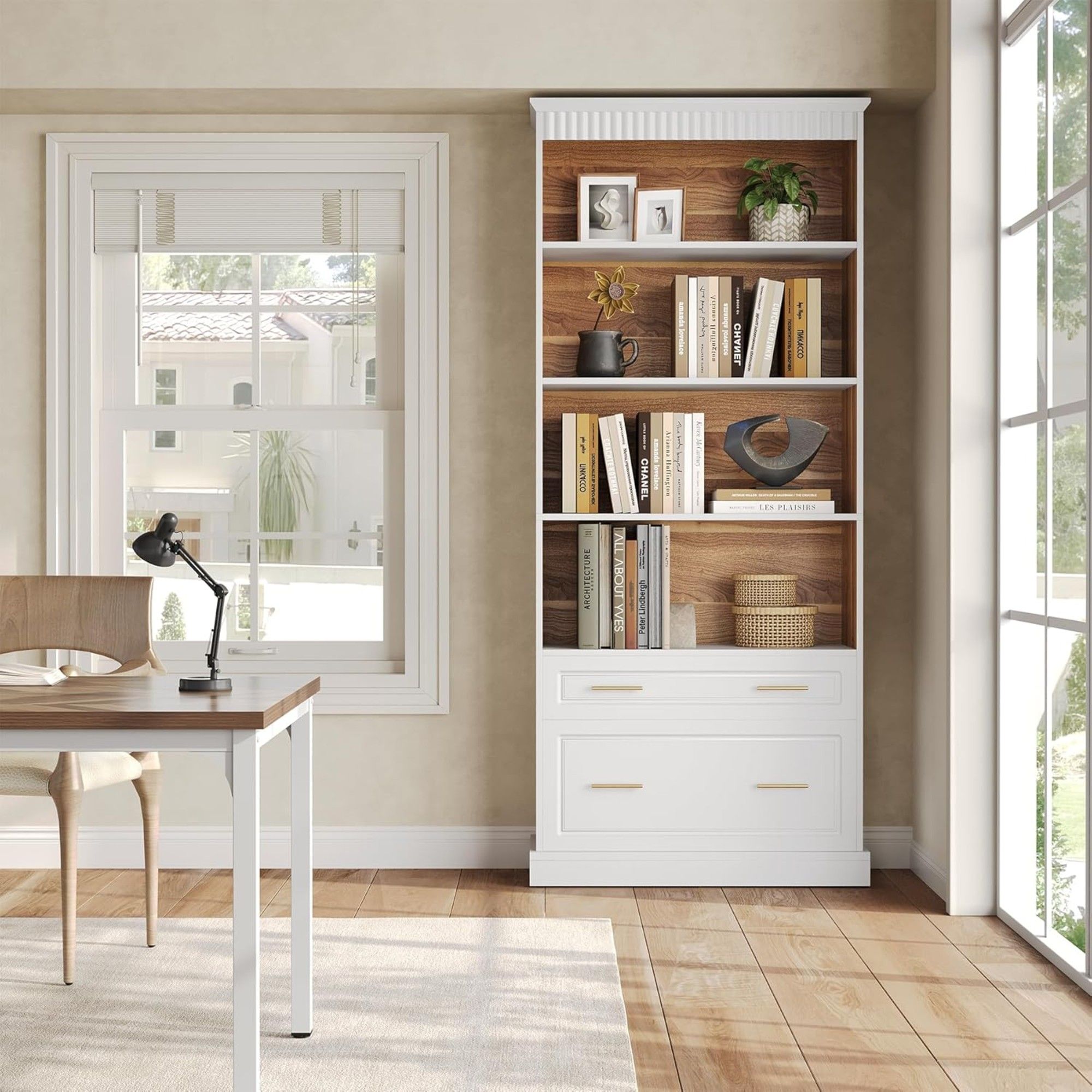 5 Tier White Bookcase With 2 Drawers Storage Organizer For Living Room - White by HouseOfZazla