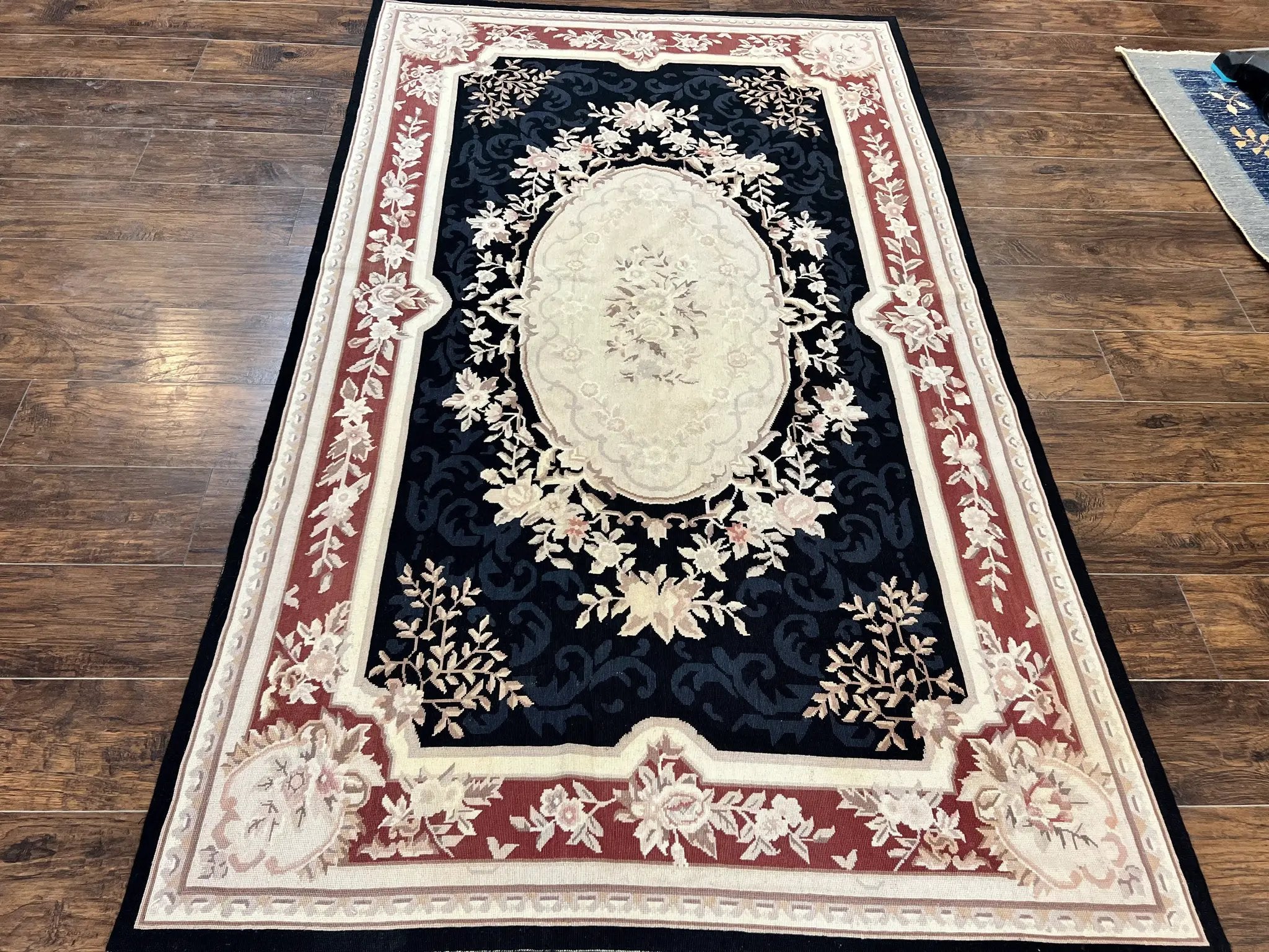 Needlepoint Rug 5x8, Wool Handmade Vintage European Design Carpet, Black & Maroon, French Aubusson Pattern Flatweave Rug by Jewel Rugs