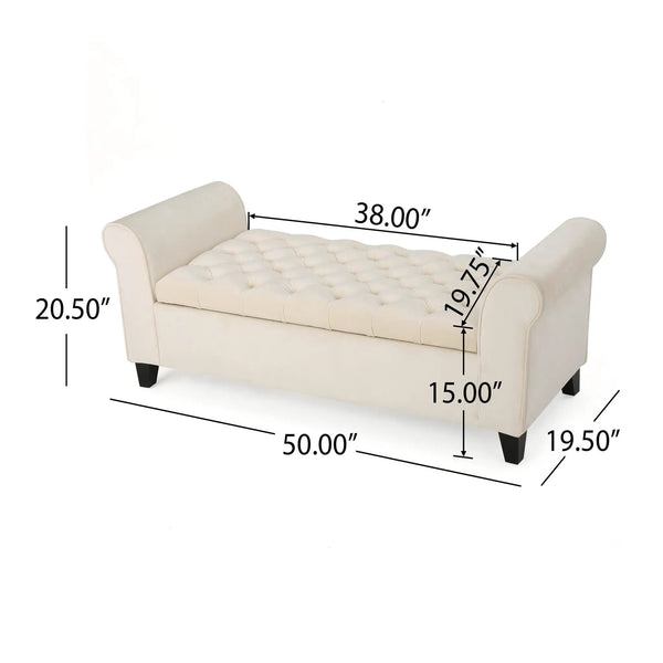 Ivory Fabric Storage Bench with Rolled Arms, photo 2 of 10