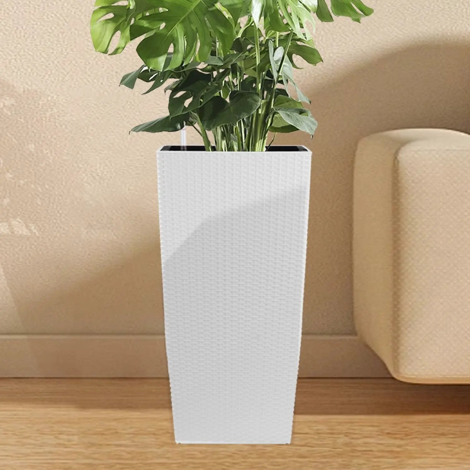 Indoor/Outdoor Modern Faux Rattan Design Square Planter, 22.6 inch White Plastic Large Planter with Automatic Watering System for Home and Garden (White, 22.6 inch - 2 Pack) by HouseOfZazla