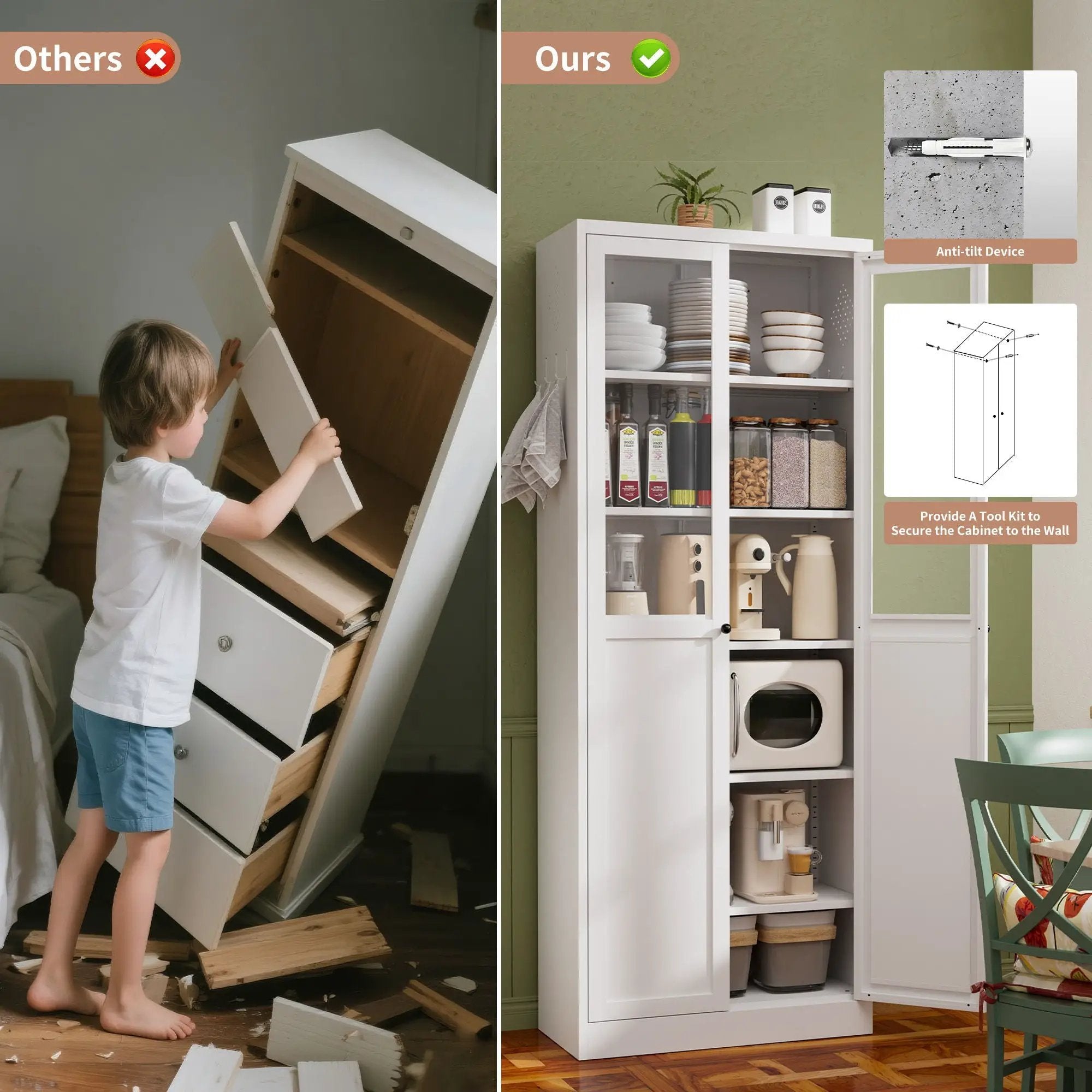 Tall Metal Kitchen Pantry Cabinet With Adjustable Shelves And Silent Magnetic Doors - White by Unique Piece Furniture