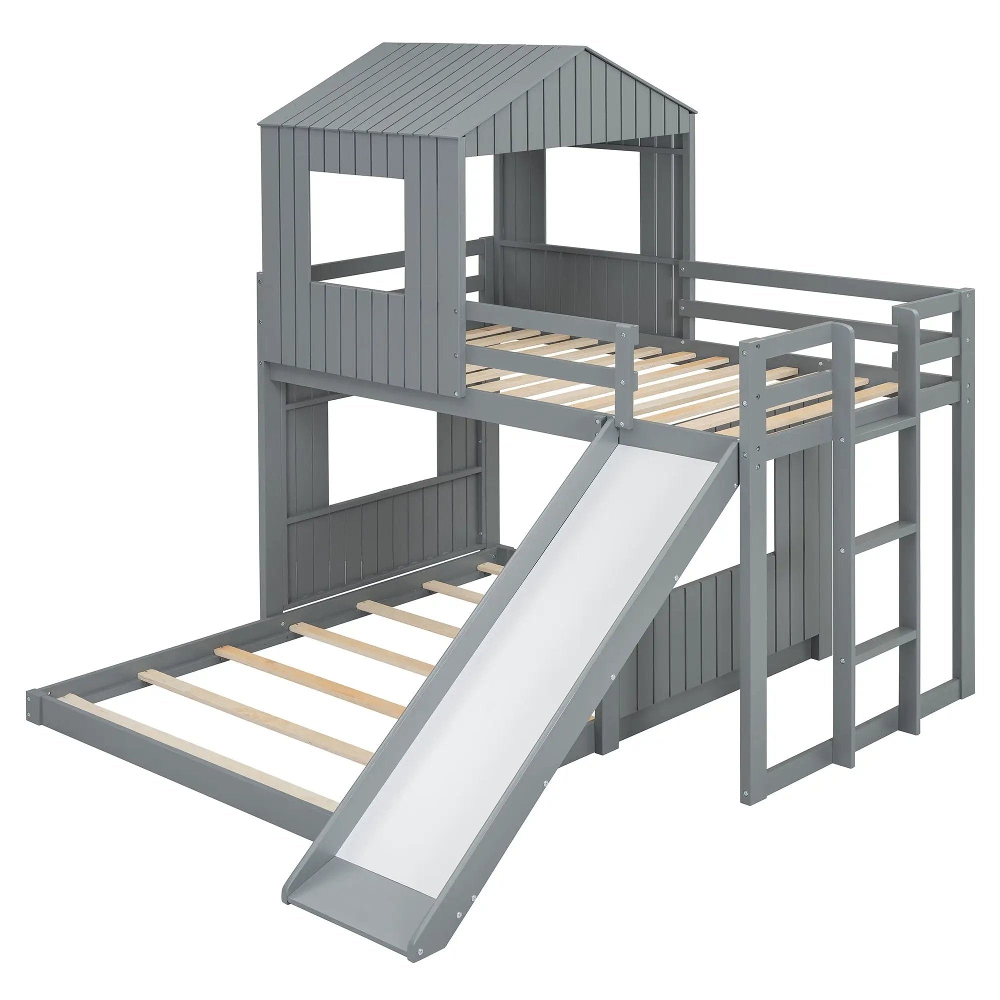 Loft Bunk Bed With Playhouse, Farmhouse, Ladder, Slide And Guardrails by Unique Piece Furniture