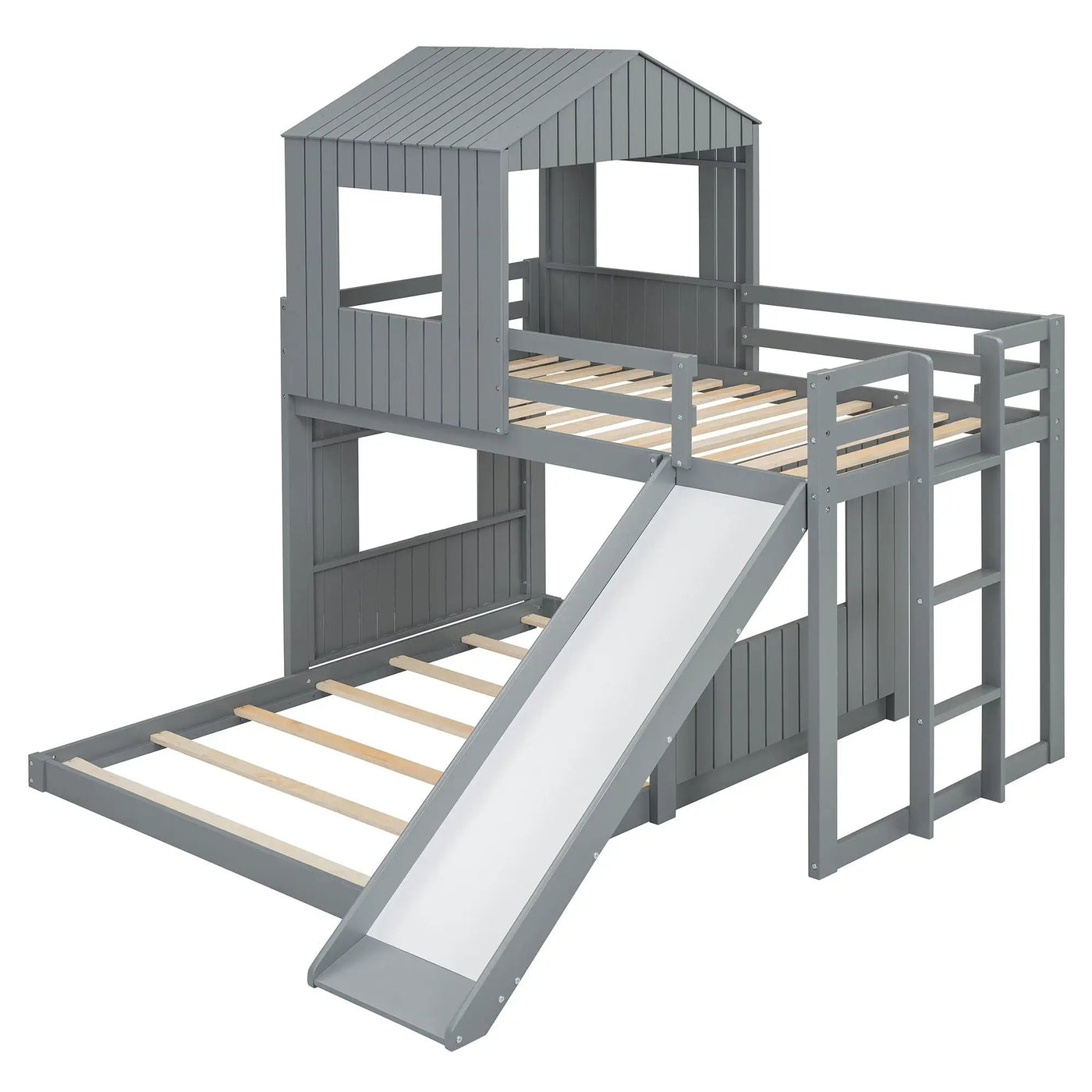 Loft Bunk Bed With Playhouse, Farmhouse, Ladder, Slide And Guardrails by HouseOfZazla