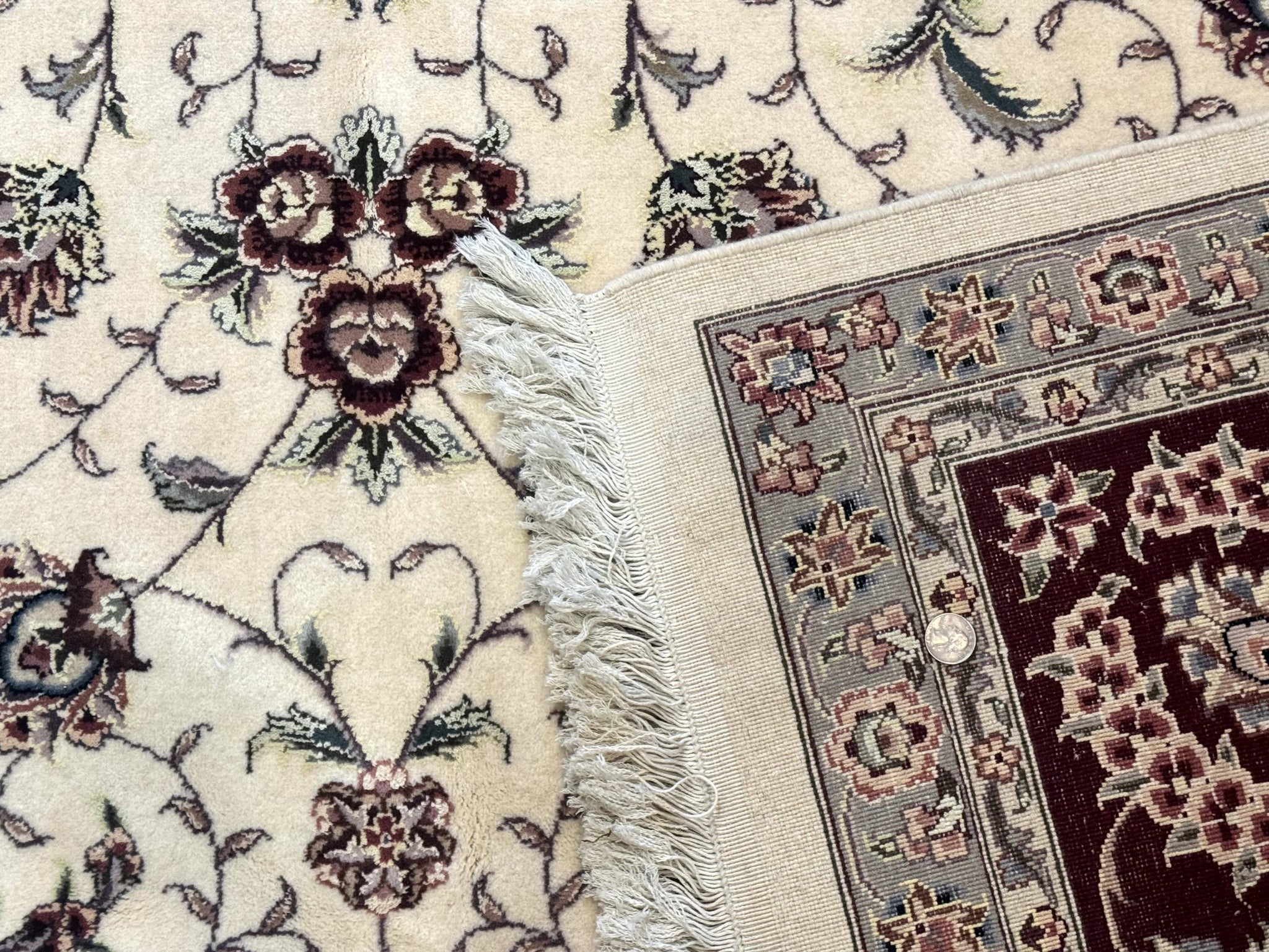 Sino Persian Rug 9x12, Floral Allover Design, 170 KPSI, Ivory and Dark Maroon by Jewel Rugs