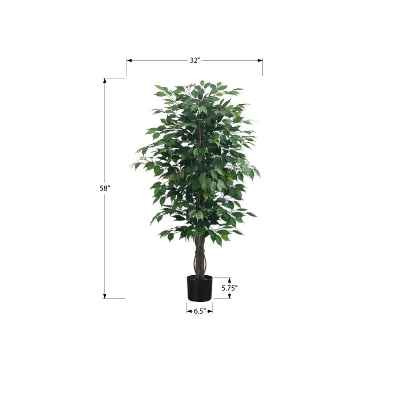 58" Tall, Artificial Plant, Ficus Tree, Indoor, Faux, Fake, Floor, Greenery, Potted, Decorative - Green / Black by Unique Piece Furniture