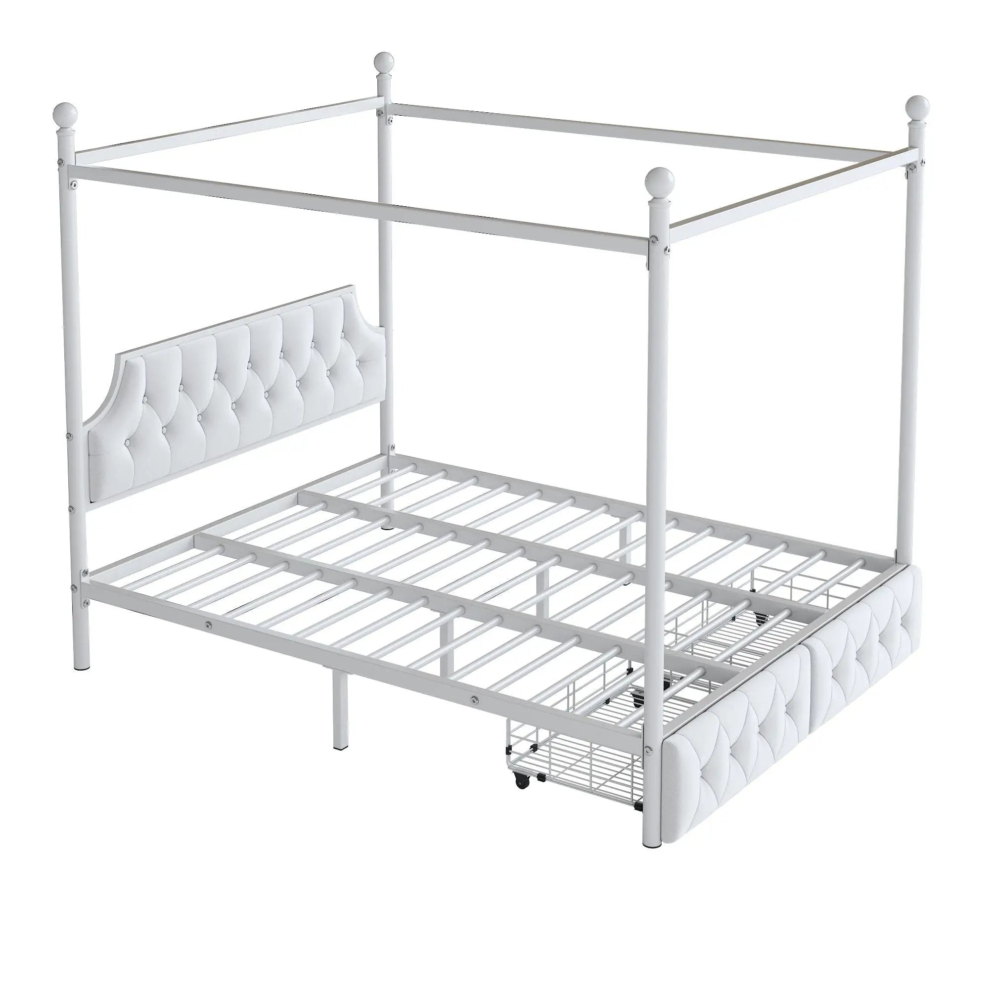 Queen Size Canopy Platform Bed With Upholstered Headboard And 2 Storage Drawers - White by HouseOfZazla