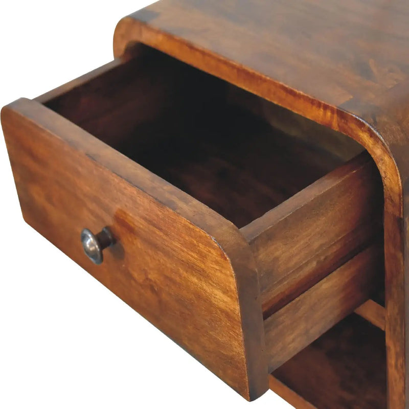Solid Wood Mini Curve Floating Nightstand, 1-Drawer, 1 Open Slot, Chestnut by HouseOfZazla