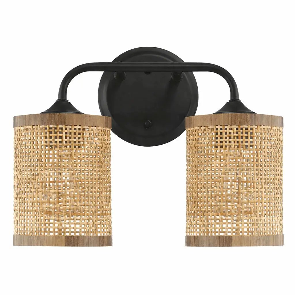 Quell - Double Light Vanity With Natural Shade Wall Lamp - Black / Rattan by HouseOfZazla