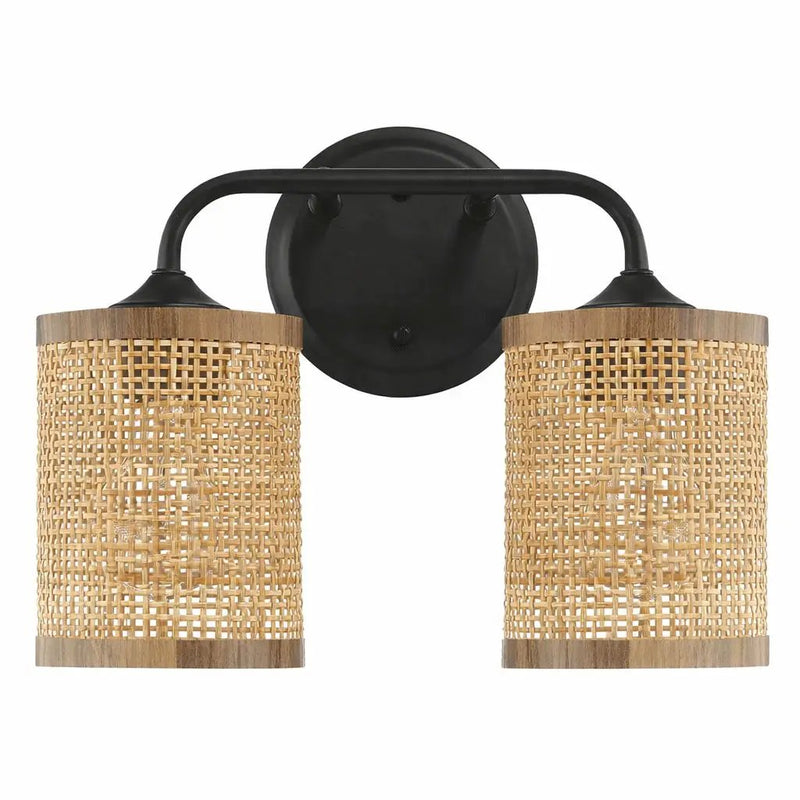 Quell - Double Light Vanity With Natural Shade Wall Lamp - Black / Rattan by HouseOfZazla