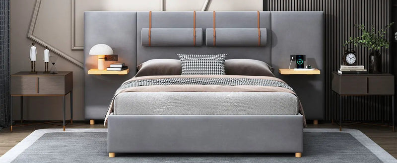 Upholstered Platform Bed, 2 Outlets And USB Charging Ports On Both Sides, 2 Bedside Pillows, Storage Shelves by HouseOfZazla