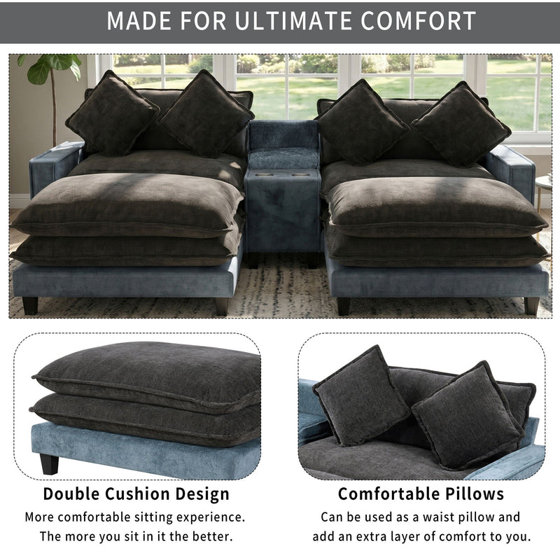 Sectional Sofa With Removable Ottomans, USB Ports, Cup Holders & Storage - Gray / Light Blue by HouseOfZazla