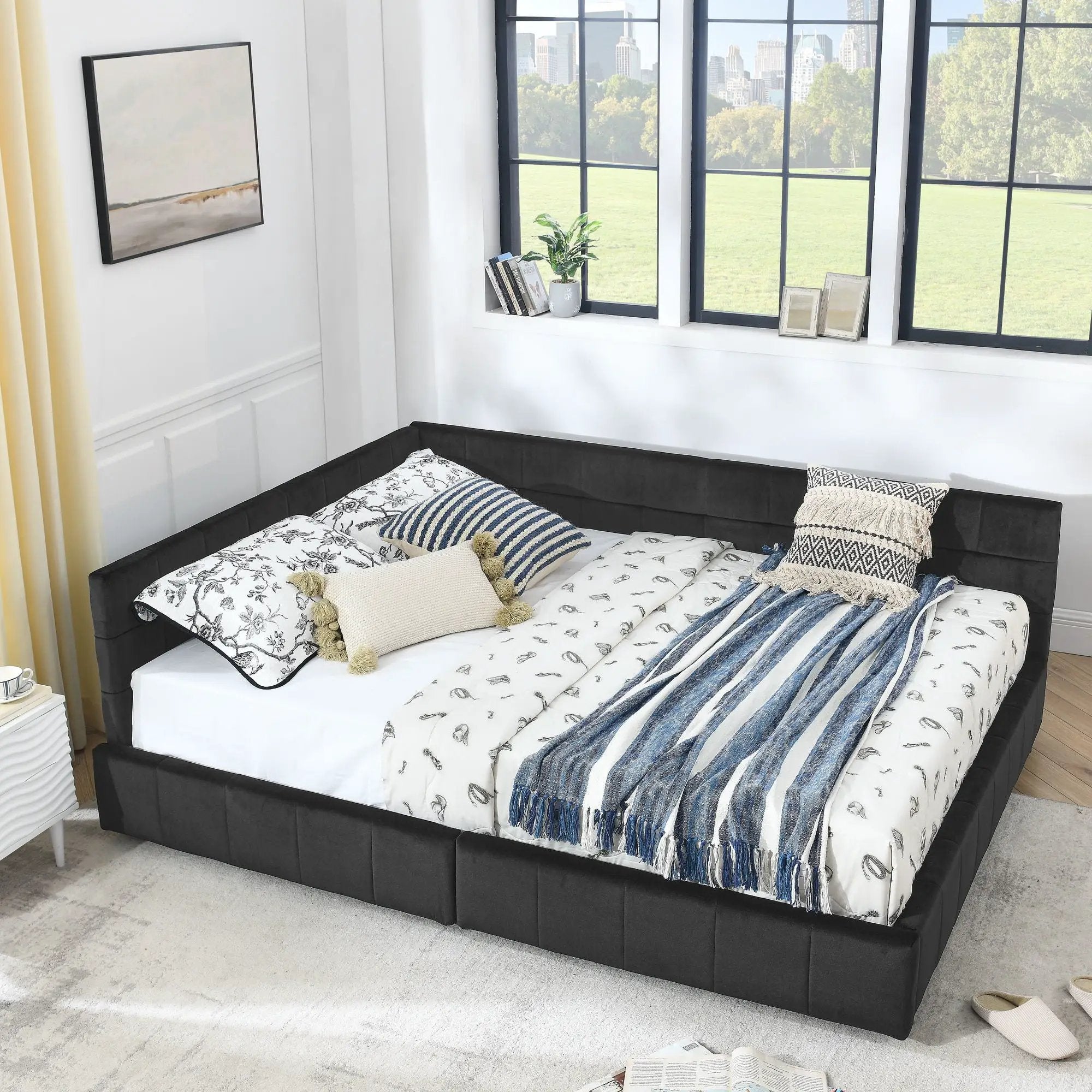 Mid-Century Storage Upholstered Tufted Bed Frame With Backrest And Armrests by Unique Piece Furniture