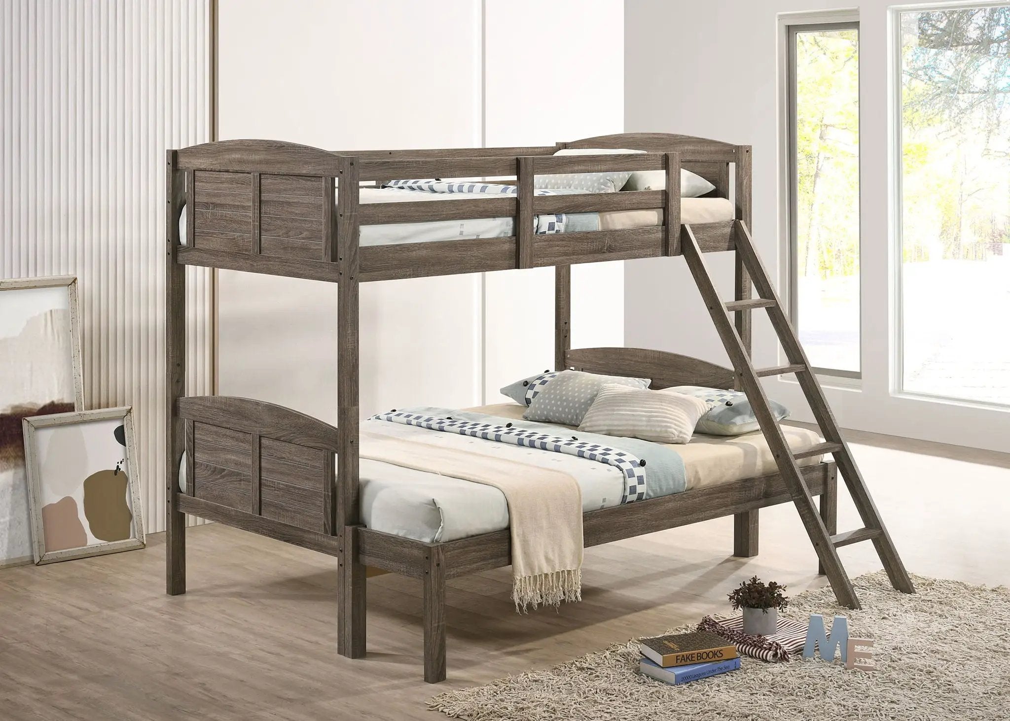 Flynn Wood Twin Over Full Bunk Bed with Mattress Weathered Brown by Unique Piece Furniture