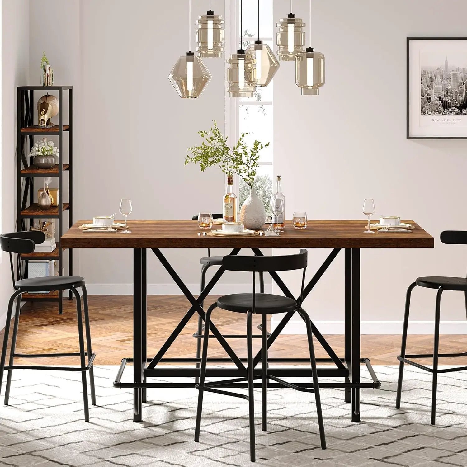 Counter Height Dining Rectangular Kitchen Table For 6 - Brown / Black