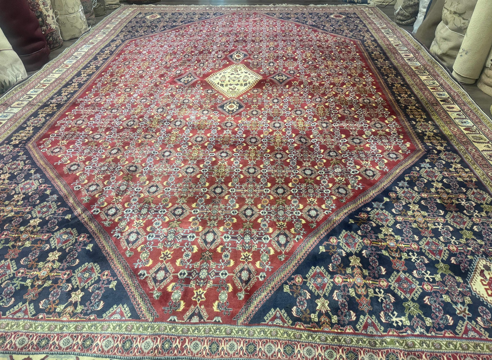 Palace Size Persian Shiraz Rug 13x19, Tribal Rug, Herati Pattern, Brick Red Navy Blue Beige, Oversized Persian Wool Area Rug, Extra Large by Jewel Rugs