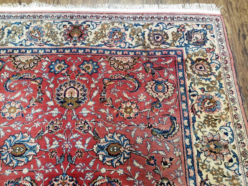 Semi Antique Persian Kashan Rug, Red & Beige, Hand-Knotted, Wool, 4'7" x 6' 6", Pair B by Jewel Rugs