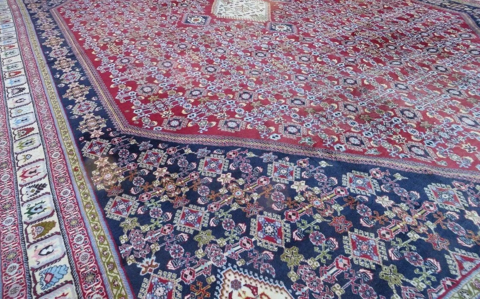 Oversized Persian Shiraz Tribal Rug 13x19, Palace Sized Oriental Carpet, Handmade Hand-Knotted X Large Rug, Red Blue Cream, Allover Herati Pattern by Jewel Rugs