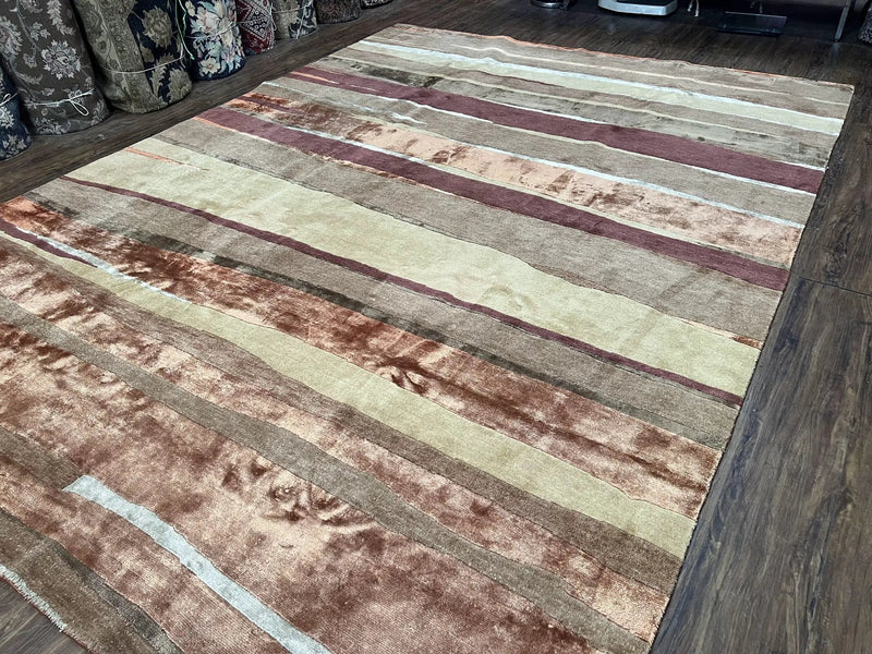 Modern Tibetan Rug 8x11 Nepali Carpet, Shiny Velvely Soft Wool and Silk, Contemporary Hand Knotted Rug, Striped Design, Wool Area Rug 8 x 11 by Jewel Rugs