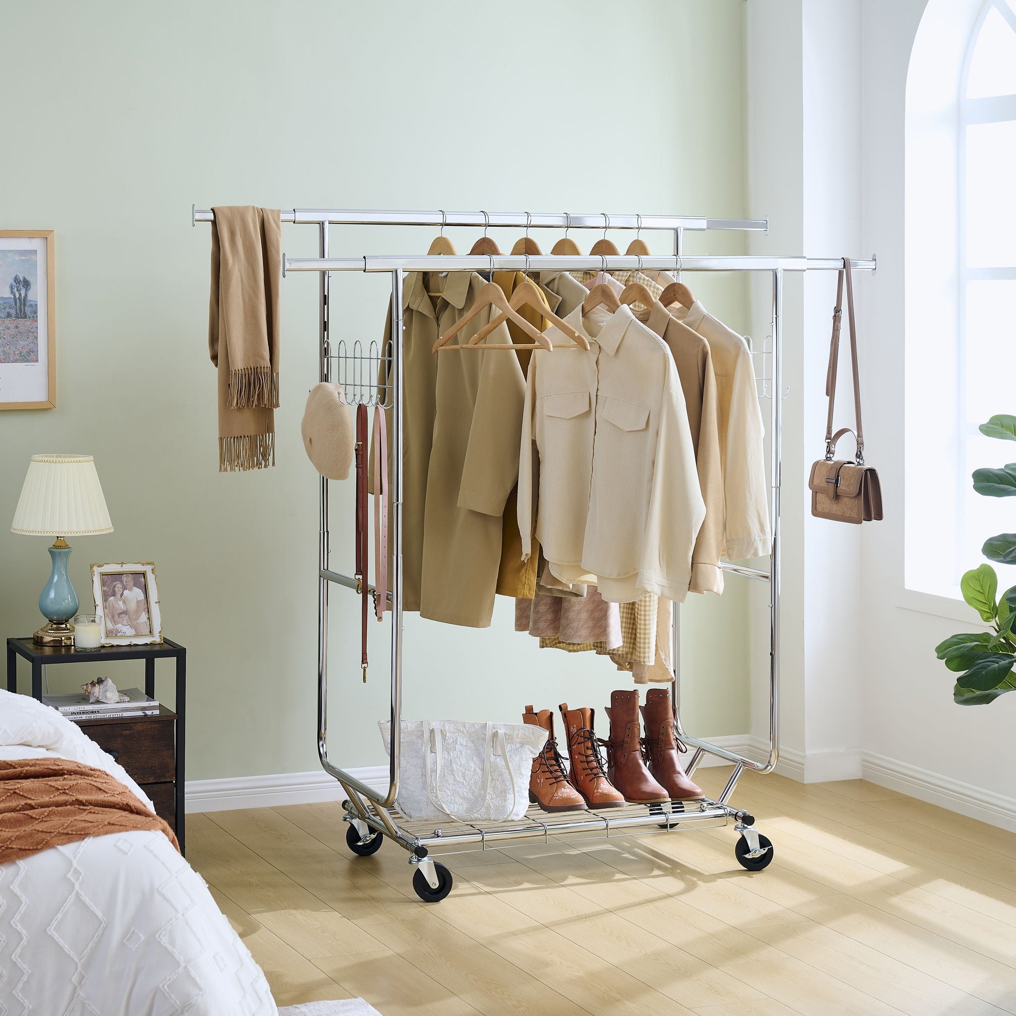 Heavy Duty Double Clothing Garment Rack With Shelves - Silver by HouseOfZazla