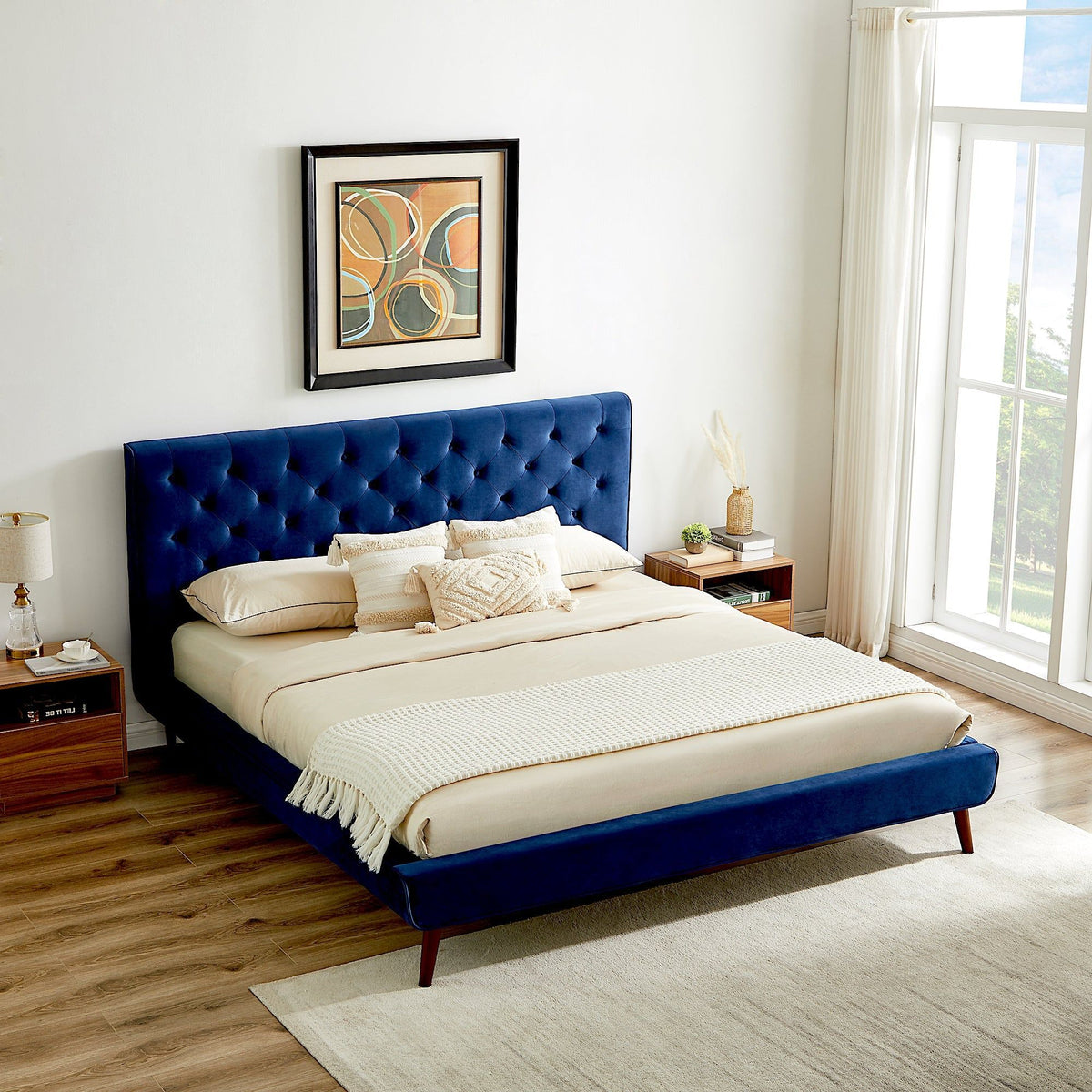 Mid-Century Platform Bed with Tufted Headboard - Blue, photo 2 of 14