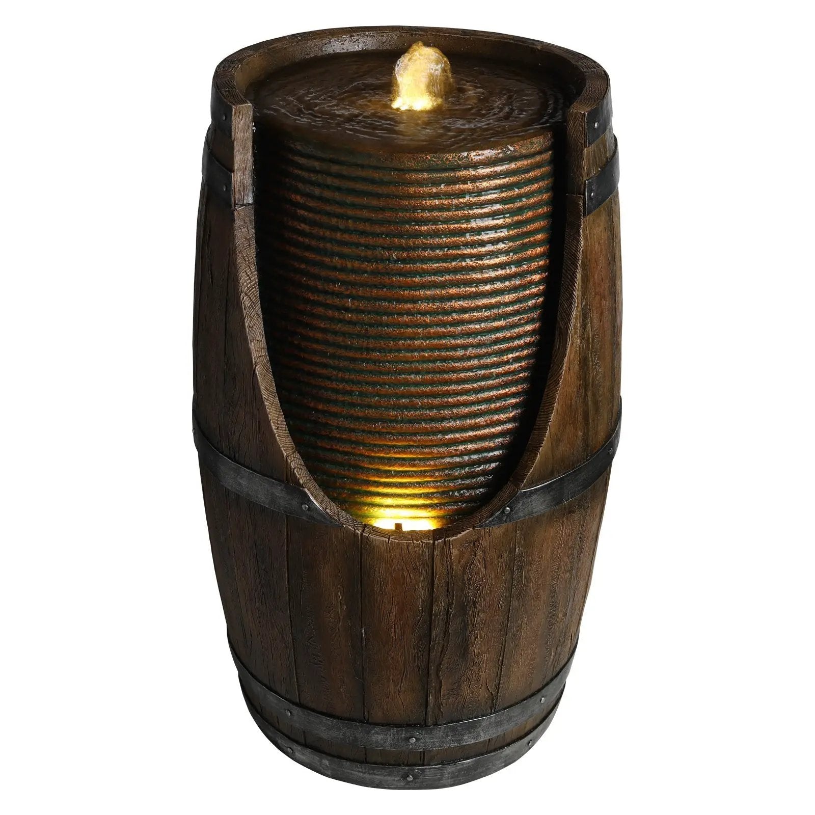 Outdoor Barrel Water Fountain with Rustic Wood Look Resin by HouseOfZazla