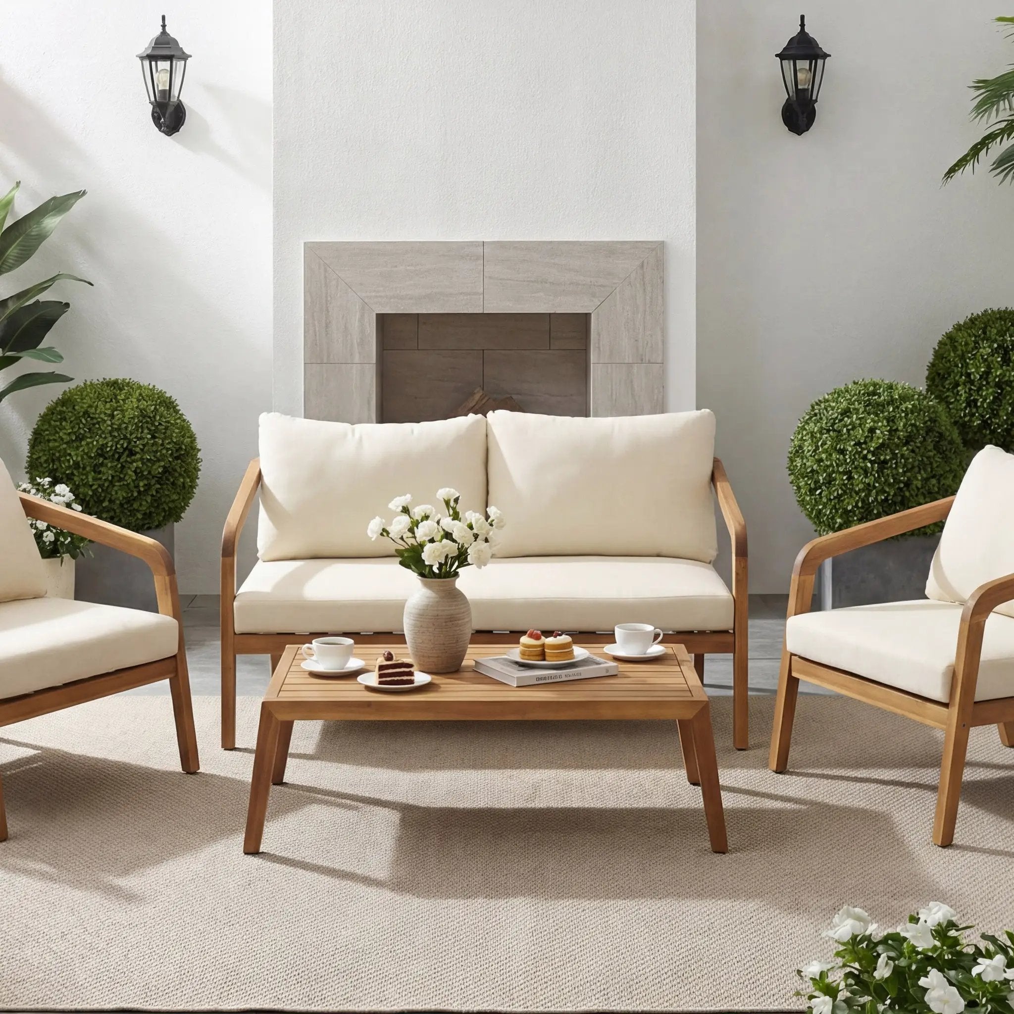 2-Piece Outdoor Loveseat & Coffee Table Set Acacia Wood Frame with PE Wicker Back & Water-Resistant Cushions by HouseOfZazla