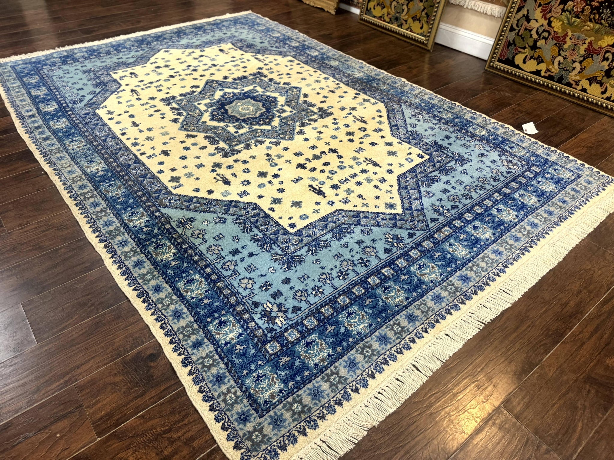 Moroccan Rug 7x10, Geometric Medallion, Blue and Ivory by Jewel Rugs
