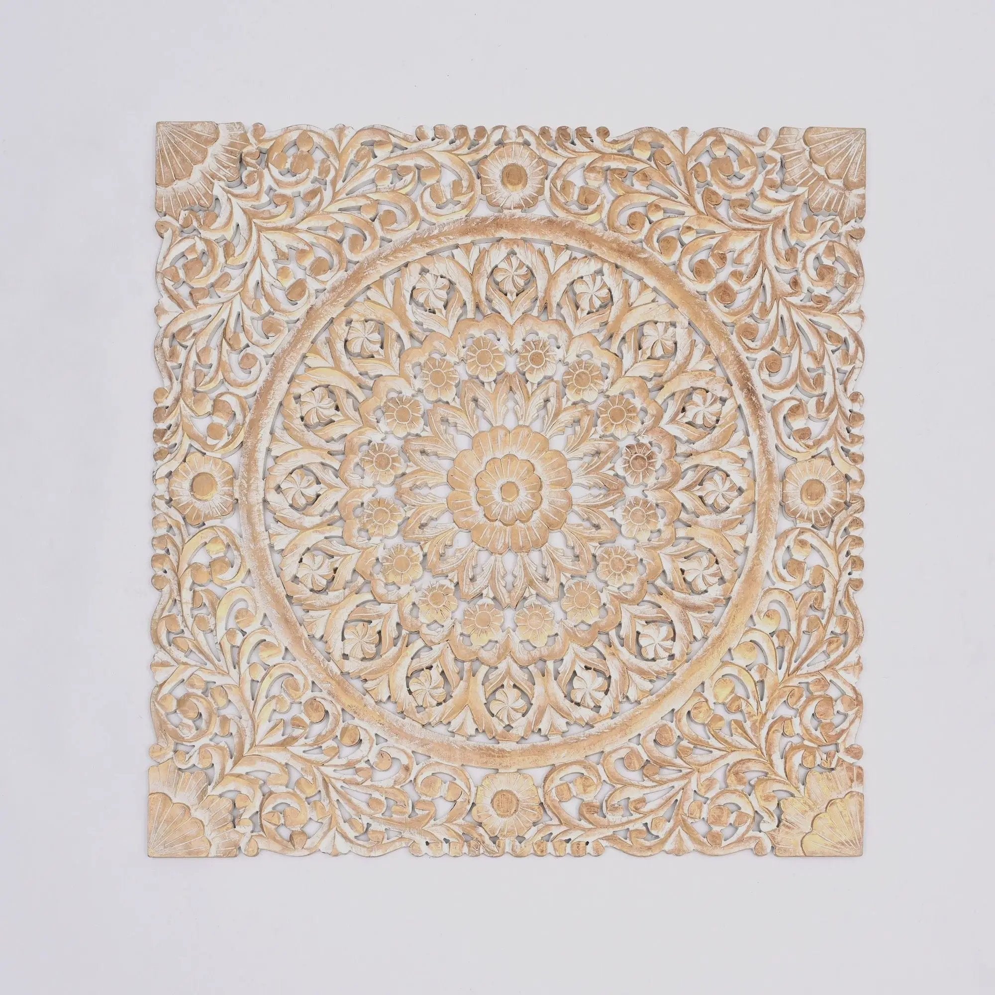 Floral Hand Carved Mandala Square Wall Decor With Spiritual Symbolism - Gold / White by Unique Piece Furniture