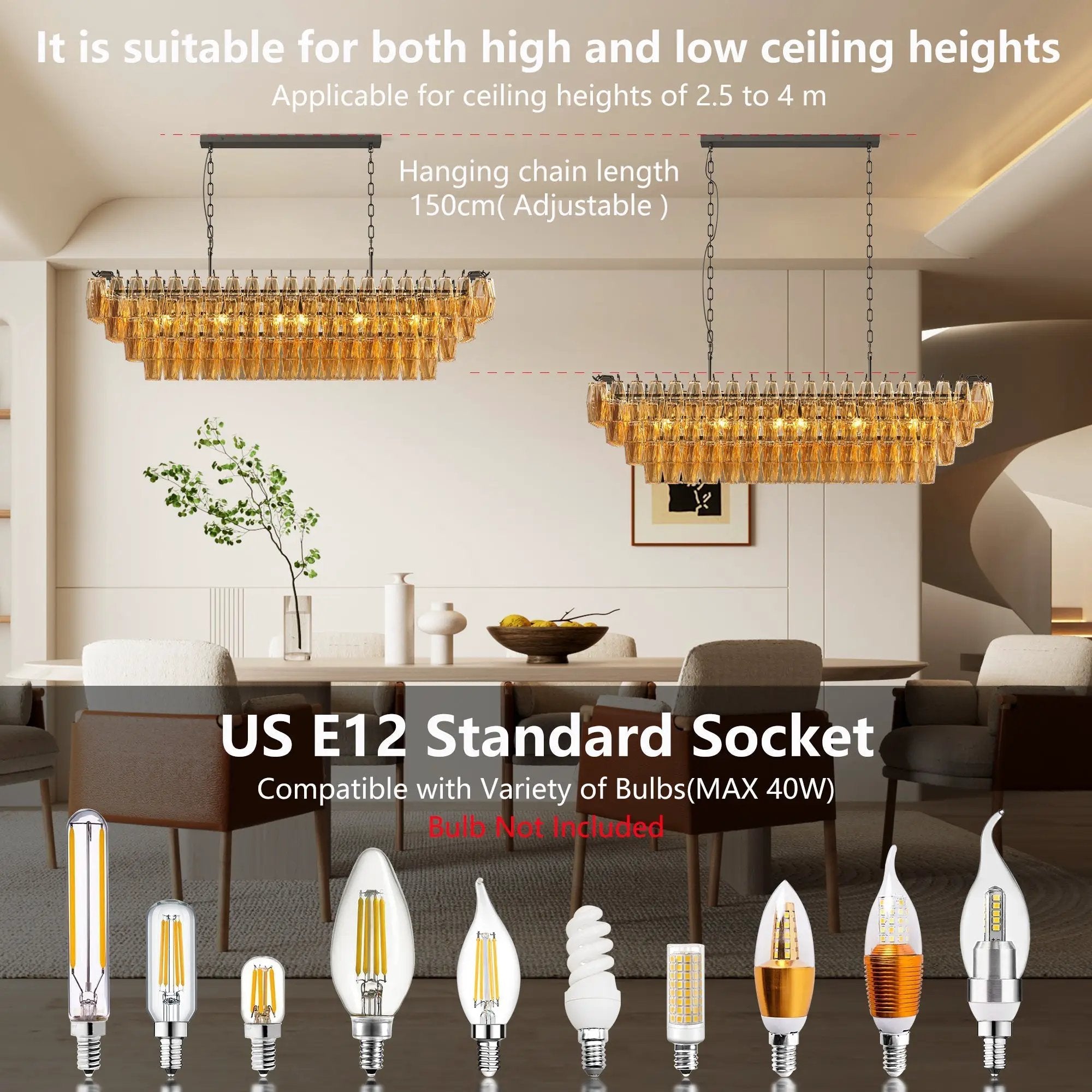 54-Inch Black Rectangular 12-Light Smoke Glass Chandelier by HouseOfZazla