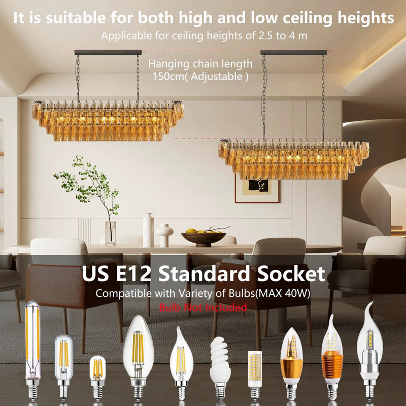 54-Inch Black Rectangular 12-Light Smoke Glass Chandelier by HouseOfZazla
